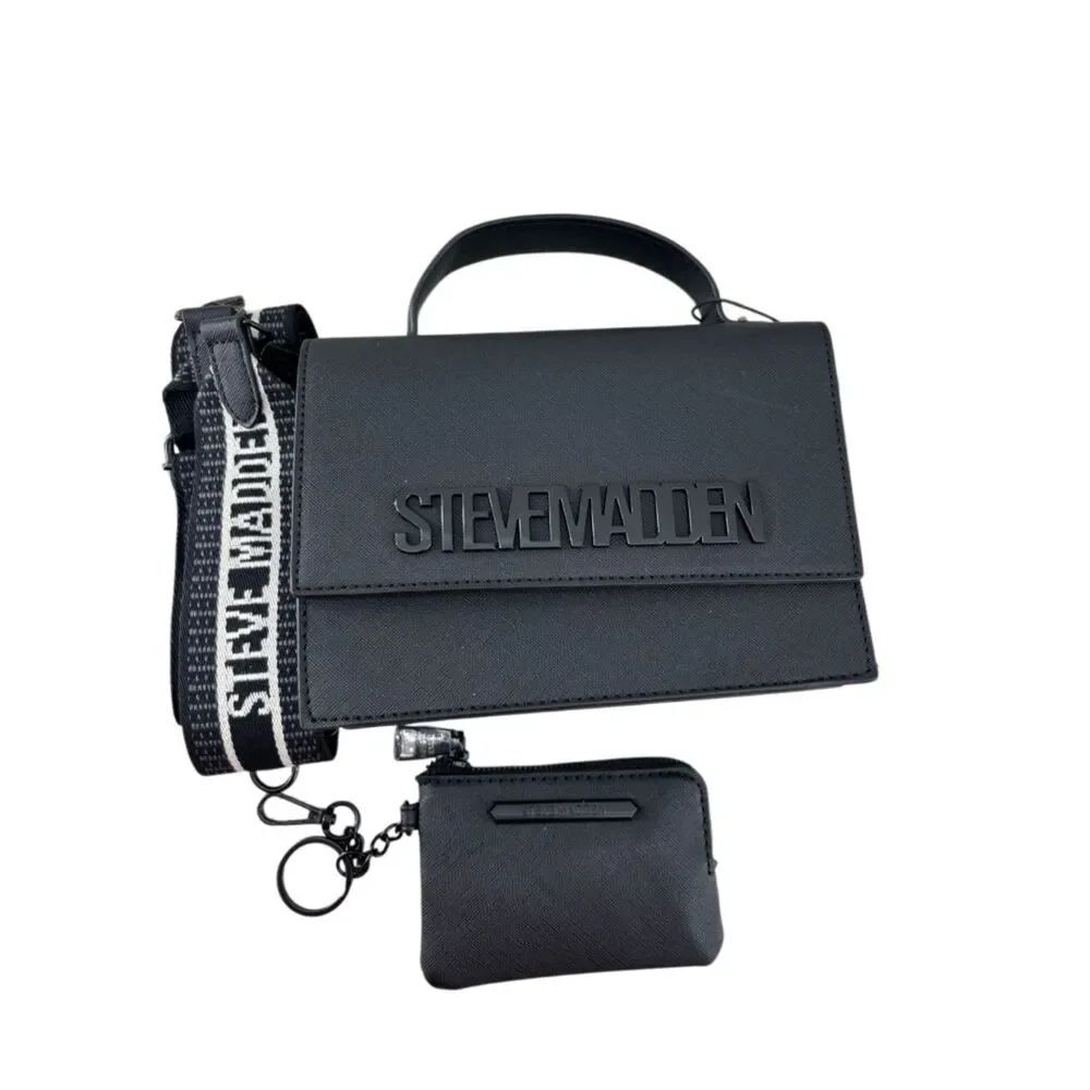 Steve Madden Black Mini Satchel Crossbody With Branded Strap and Coin Pouch